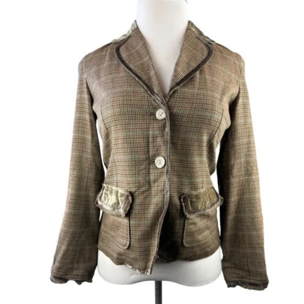 NWT J. Jill Plaid Houndstooth Velvet Trim Blazer Suit Jacket Brown Size 6 Fall - Picture 12 of 13